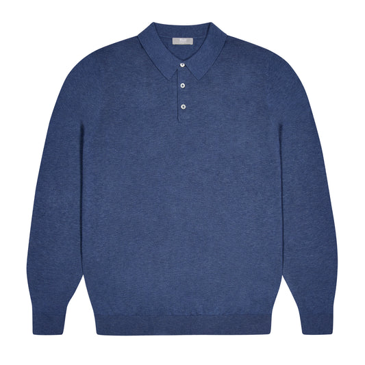 Holt Cotton Fine Knit Long Sleeve Polo Shirt in Denim Blue