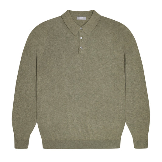Holt Cotton Fine Knit Long Sleeve Polo Shirt in Laurel Green