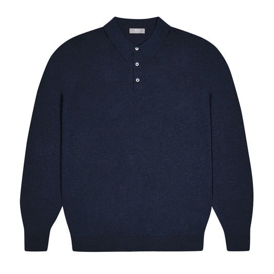 Holt Cotton Fine Knit Long Sleeve Polo Shirt in Navy
