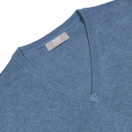 Drayton Cotton and Cashmere Fine Knit V-Neck Jumper in Carolina Blue