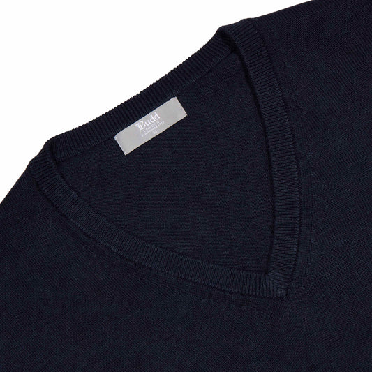 Drayton Cotton and Cashmere Fine Knit V-Neck Jumper in Navy