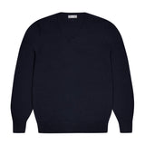 Drayton Cotton and Cashmere Fine Knit V-Neck Jumper in Navy