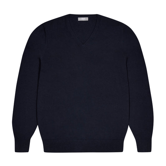 Drayton Cotton and Cashmere Fine Knit V-Neck Jumper in Navy