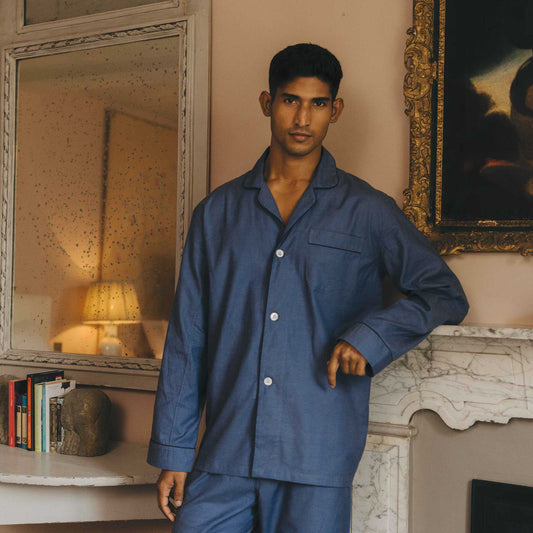 Swiss Brushed Cotton Puppytooth Pyjamas in Blue and Navy
