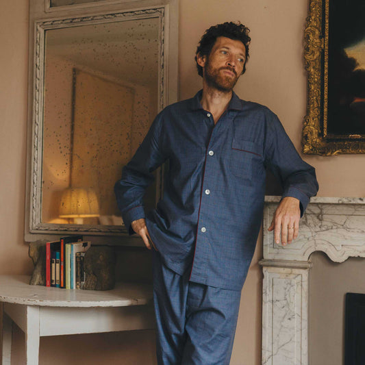 Swiss Brushed Cotton Glencheck Pyjamas in Blue and Wine