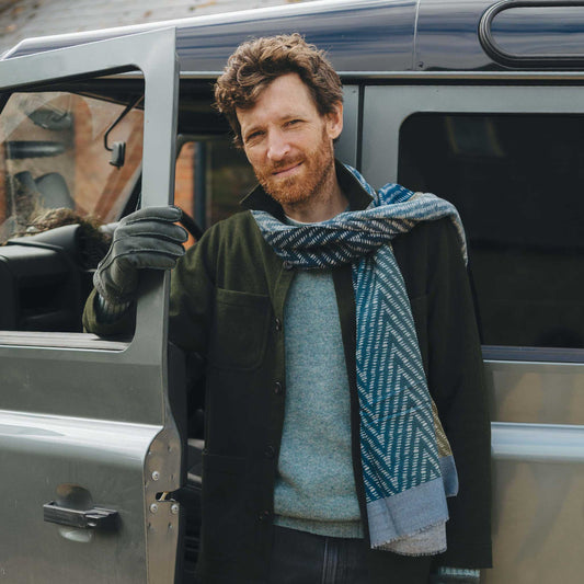 Abstract Herringbone Fine Wool Scarf in Ink Blue