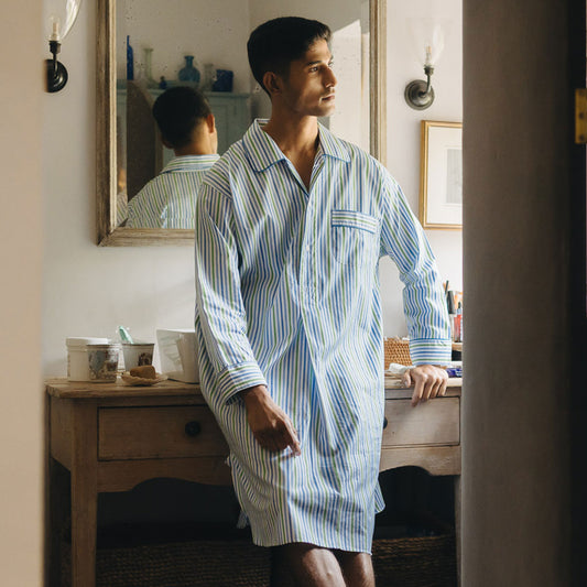 Multi Stripe Poplin Nightshirt in Blue and Green