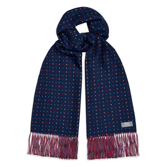 Harlequin Polka Dot Silk Twill Scarf in Navy