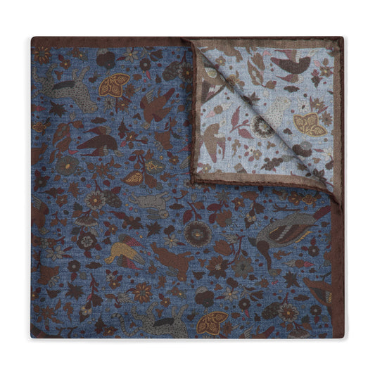 Woodland Animals Silk Pocket Square in Denim