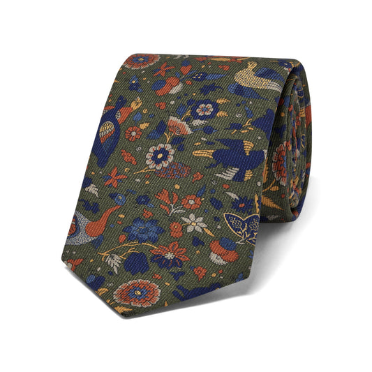 Woodland Animals Silk Twill Tie in Olive Green