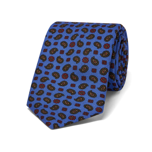 Scattered Paisley Motif Wool and Silk Tie in Blue