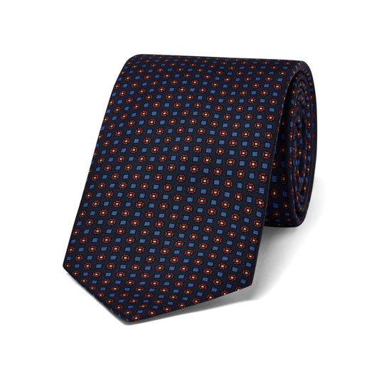 Miniature Diamond Motif Silk Tie in Navy