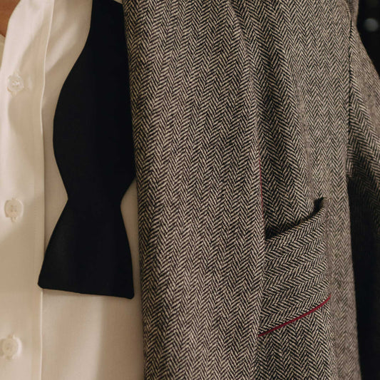 Close up detail of herringbone tweed dressing gown