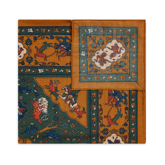 Mughal Hunt Silk and Wool Pocket Square in Gold