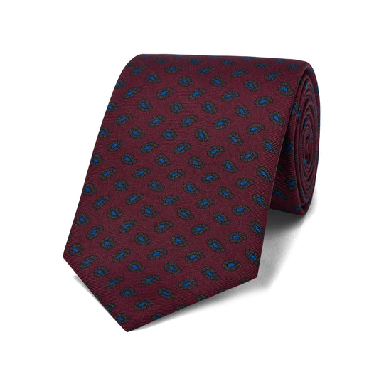 Miniature Teardrop Motif Ancient Madder Silk Tie in Burgundy
