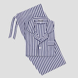 Luxurious navy and white Bengal stripe Sea Island quality pyjamas with hand-piped detailing and signature belt waistband.