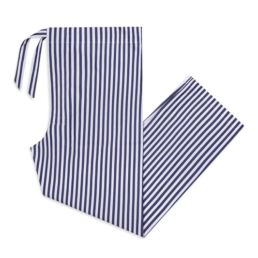 Navy and white striped pajama set on a white background