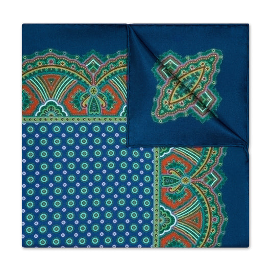 Ornate Border and Motif Madder Silk Neckerchief in Navy and Amber