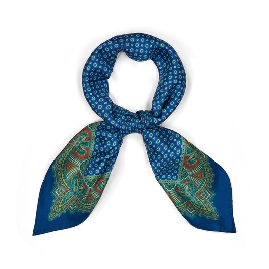 Ornate Border and Motif Madder Silk Neckerchief in Navy and Amber