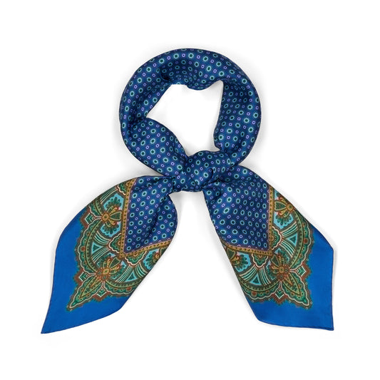 Ornate Border and Motif Madder Silk Neckerchief in Royal and Sky Blue
