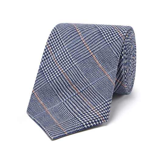 Prince of Wales Check Georgette Silk Tie in Navy Blue