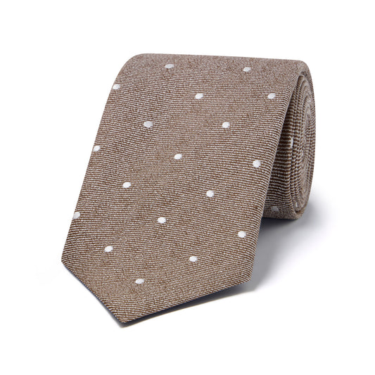 Miniature Polka Dot Silk and Linen Tie in Taupe