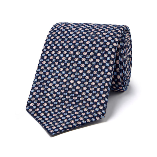 Miniature Linked Motif Twill Silk Tie in Navy Blue