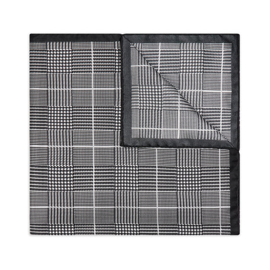 Large Prince of Wales Check Silk Twill Pocket Square in Black