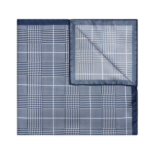 Large Prince of Wales Check Silk Twill Pocket Square in Navy