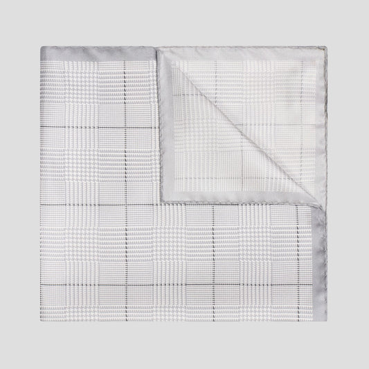 Large Prince of Wales Check Silk Twill Pocket Square in Silver
