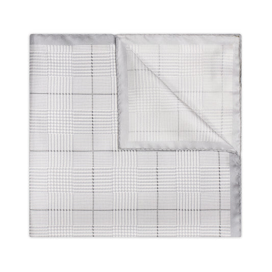 Large Prince of Wales Check Silk Twill Pocket Square in Silver