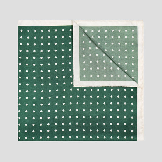 Contrast Edge Polka Dot Silk Twill Pocket Square in Bottle Green