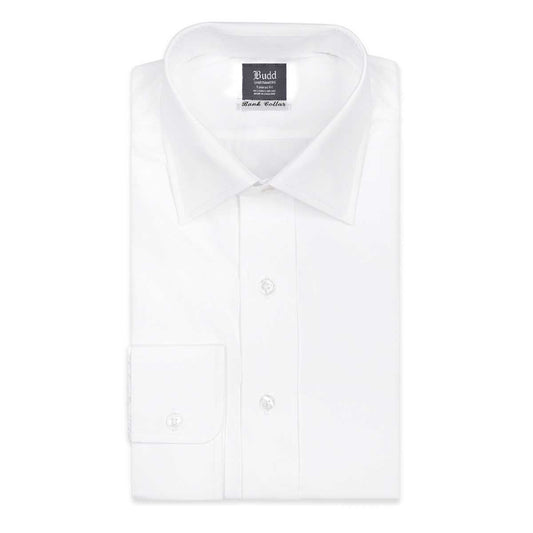 White dress shirt with a collar tag on a white background