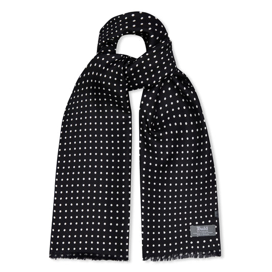 Fringed Silk Spot Scarf in Black
