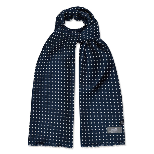 Fringed Silk Spot Scarf in Navy