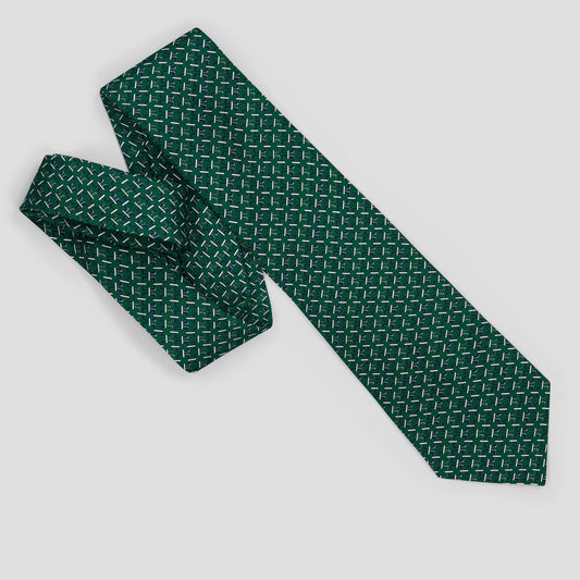 Emerald green silk tie with a white geometric Art Deco trellis print and an 8.5cm blade, hand-made in England.