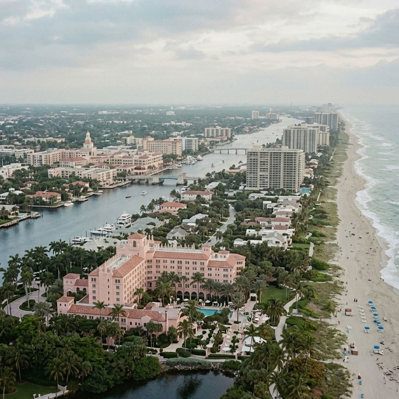 Aerial view of a coastal cityscape with hotels, buildings, and a beach.