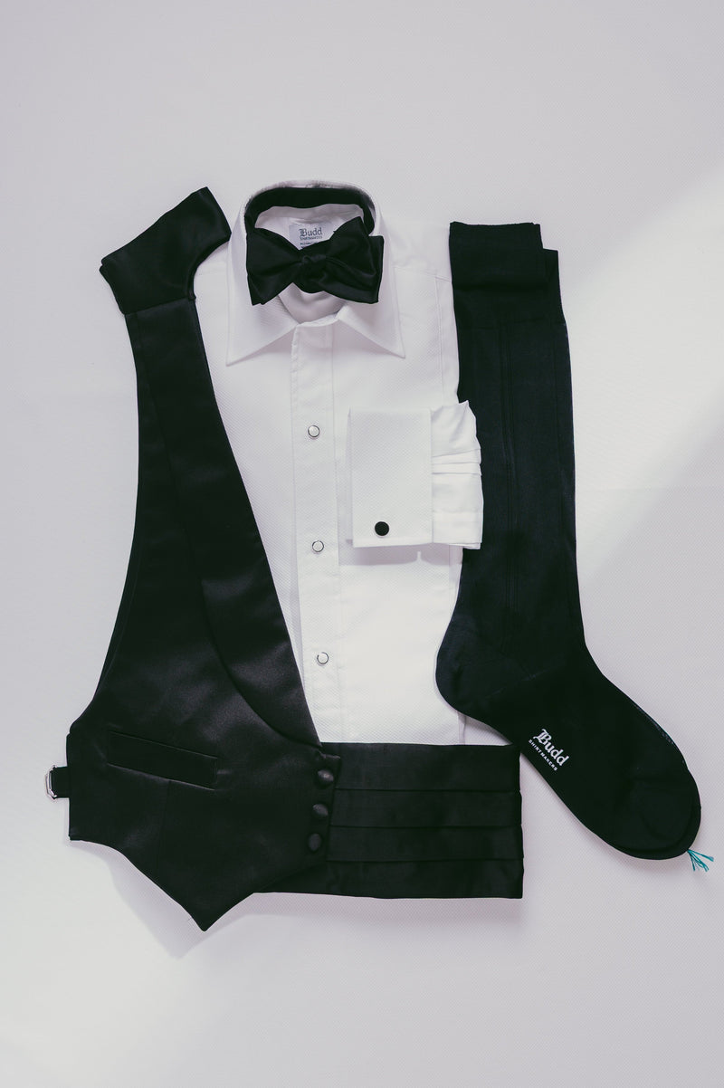 Black Tie Ensemble laid flat on white background