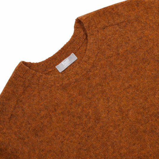 Neckline on Brushed Shetland Crew Neck in Burnt Orange