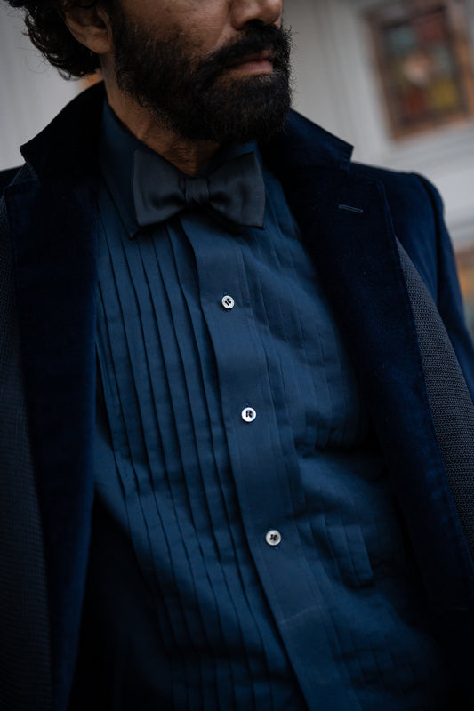 Navy voile pleated front dress shirt