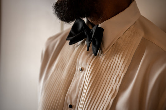 1/4 Hand-pleat detail of ivory silk Kirby Allison x Budd  1/4 hand-pleated evening dress shirt 