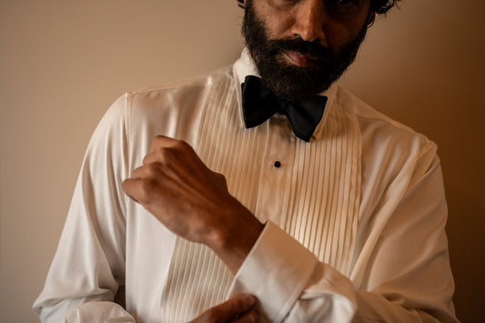 Bib and cuff detail of cream spun silk Kirby Allison x Budd  1/4 hand-pleated evening dress shirt 