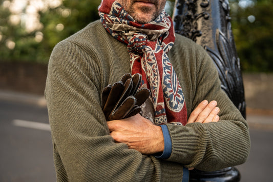 Men's brown suede gloves with contrast stitching