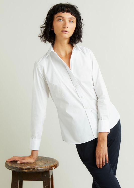 Budd shirtmakers women's white Buddette shirt in cotton poplin. 