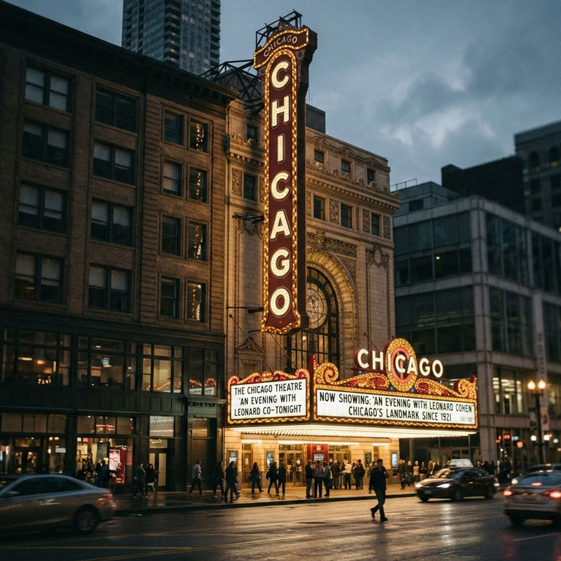 Chicago Theatre marquee at night with illuminated sign and people walking by.