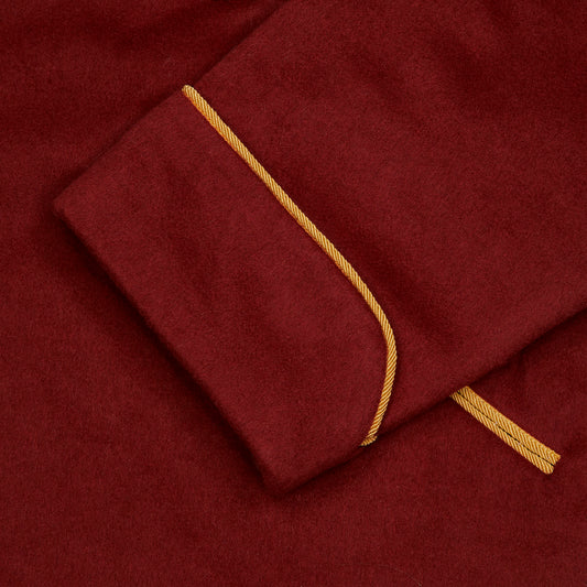 Piped cuff detail on Dark red cashmere and wool dressing gown 
