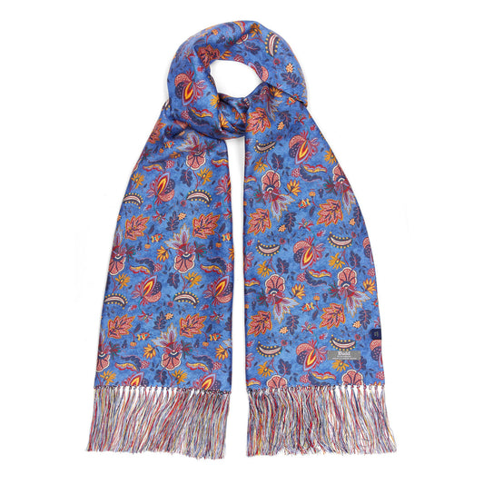 Cornflower blue floral silk scarf with matching hand tassels 