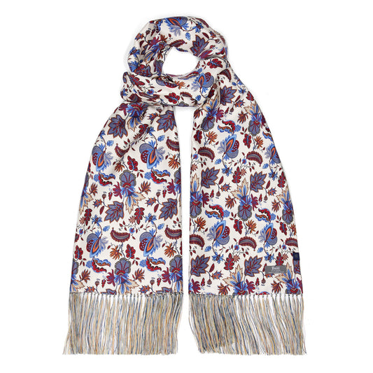 White floral and paisley silk scarf with hand tassels
