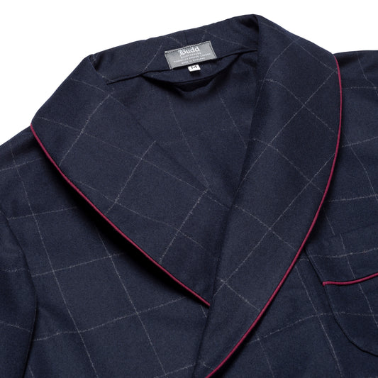 Burgundy shawl collar piping on navy Fox Flannel wool windowpane check dressing gown