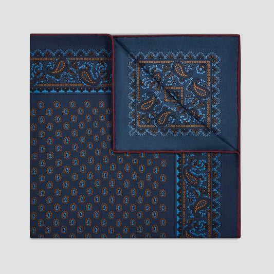 Geo Border Printed Silk Pocket Square in Navy with Hand Rolled Edges